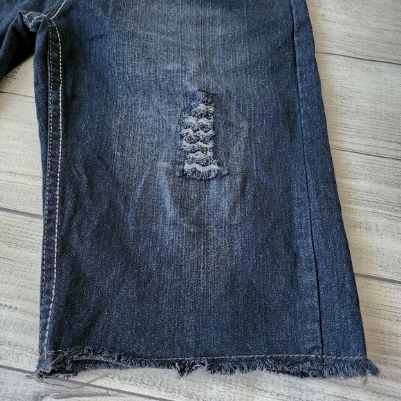 Men's Distressed Dark Blue Wash Denim Shorts Skinny Fit - Picture 2 of 11